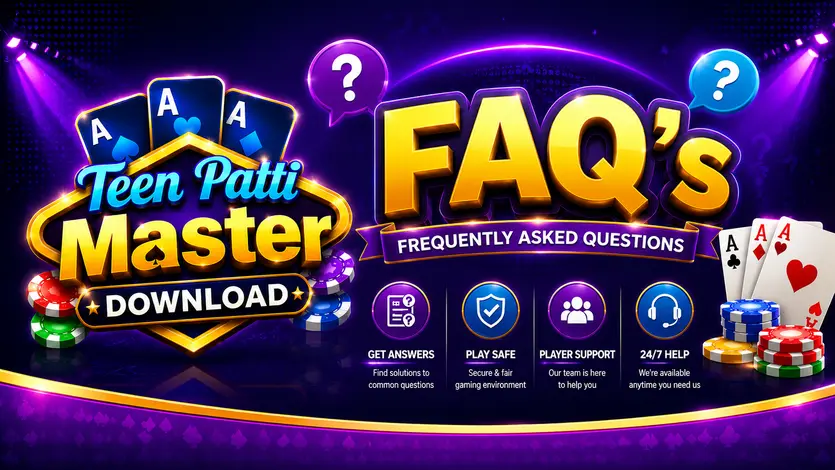 Teen Patti Master FAQs page with answers about APK download, old version, new version, Android compatibility, and updates.